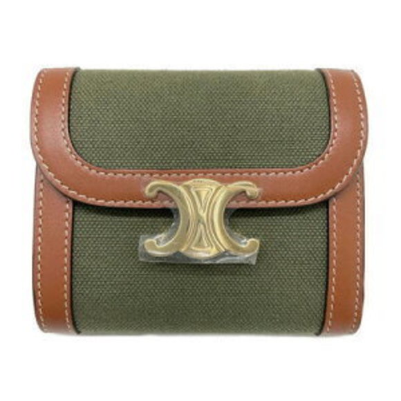 CELINE Tri Wallet Leather Green Brown - Picture 1 of 7